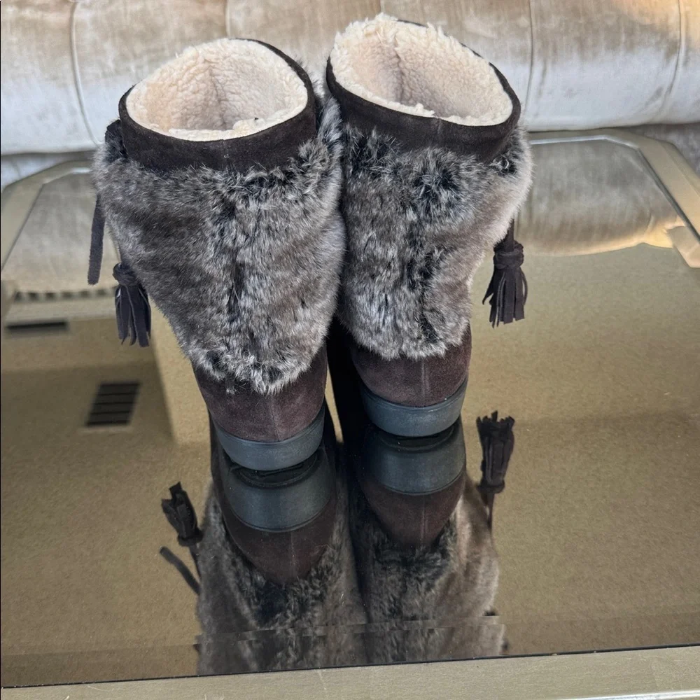 Aquatalia Brown Suede Faux Fur Trim Tassel‎ Wedge Boots Womens 6.5